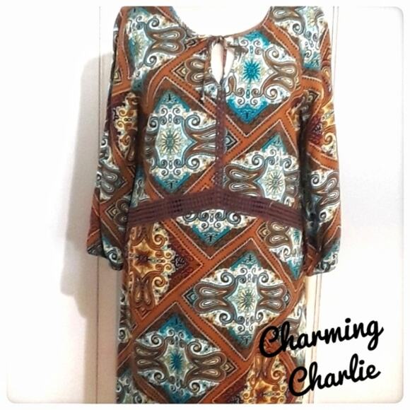 CHARMING CHARLIE Brown Turquoise Knit Dress with Crochet Trim Size L Casual Work - Picture 1 of 8